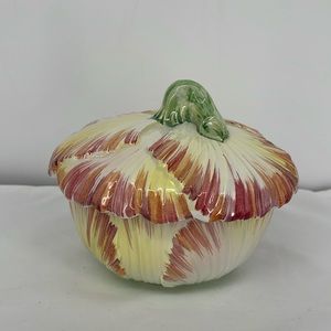 Vintage Italian Majolica Art Pottery Scalloped Yellow, Pink & Green Covered Bowl